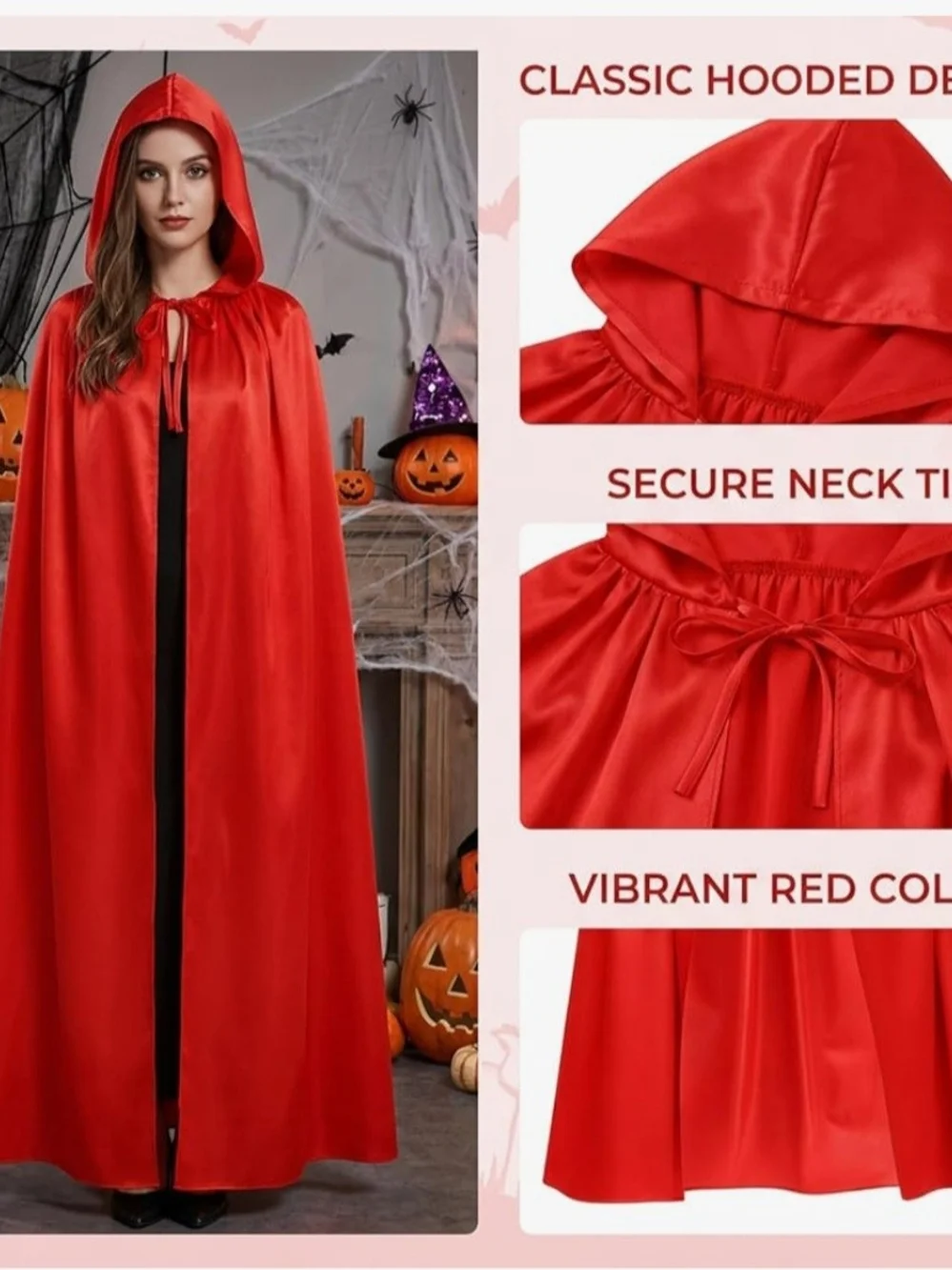Vibrant Red Hooded Kids Costume Cape with Tie Closure